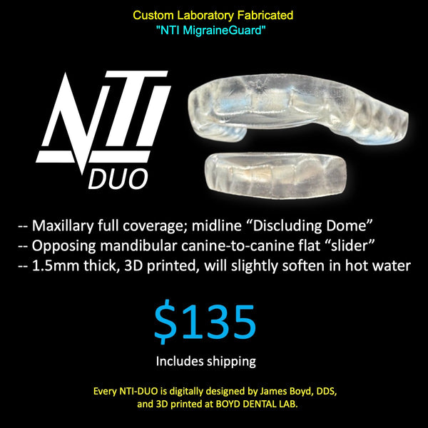 NTI-duo: Laboratory fabricated maxillary NTI opposing a mandibular slider ("B-splint")