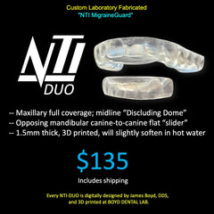 NTI-duo: Laboratory fabricated maxillary NTI opposing a mandibular slider ("B-splint")